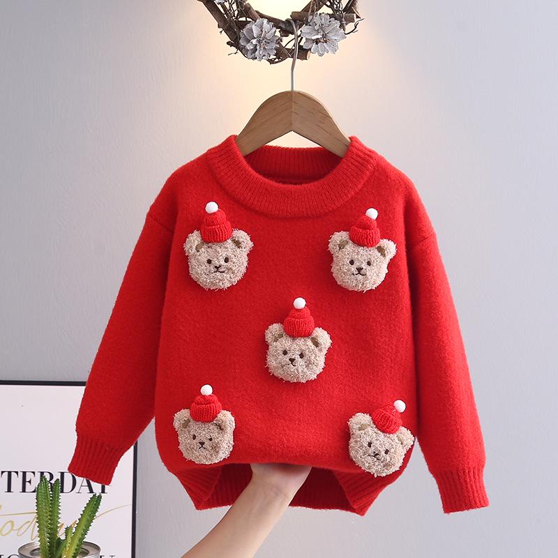 Girls Red Velvet-Lined Sweater with Bear Design for Autumn/Winter 100 cm красный