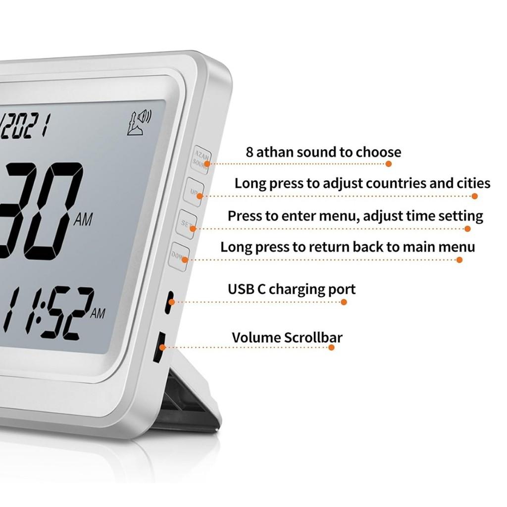 Masaüstü LCD Ekranlı Alarm Saati Çoklu Diller Gregoryen Takvimleri 8 Ezan Sesi Elektronik Saat Azan Duvar Saati Müslüman Namaz