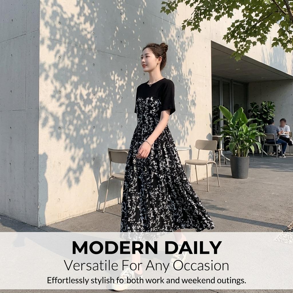 Women'S Summer Dress New Mid-Length Floral Dress Elegant High-Waisted Slimming Short-Sleeved Long Dress