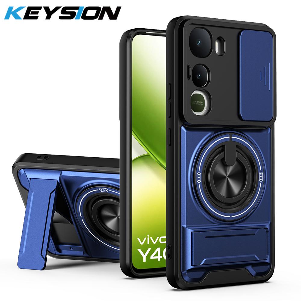 KEYSION Magnetic Phone Case for IQOO Z10 Lite Slide Camera Protection Upright Kickstand Ring Shockproof Cover for IQOO Z10 Lite