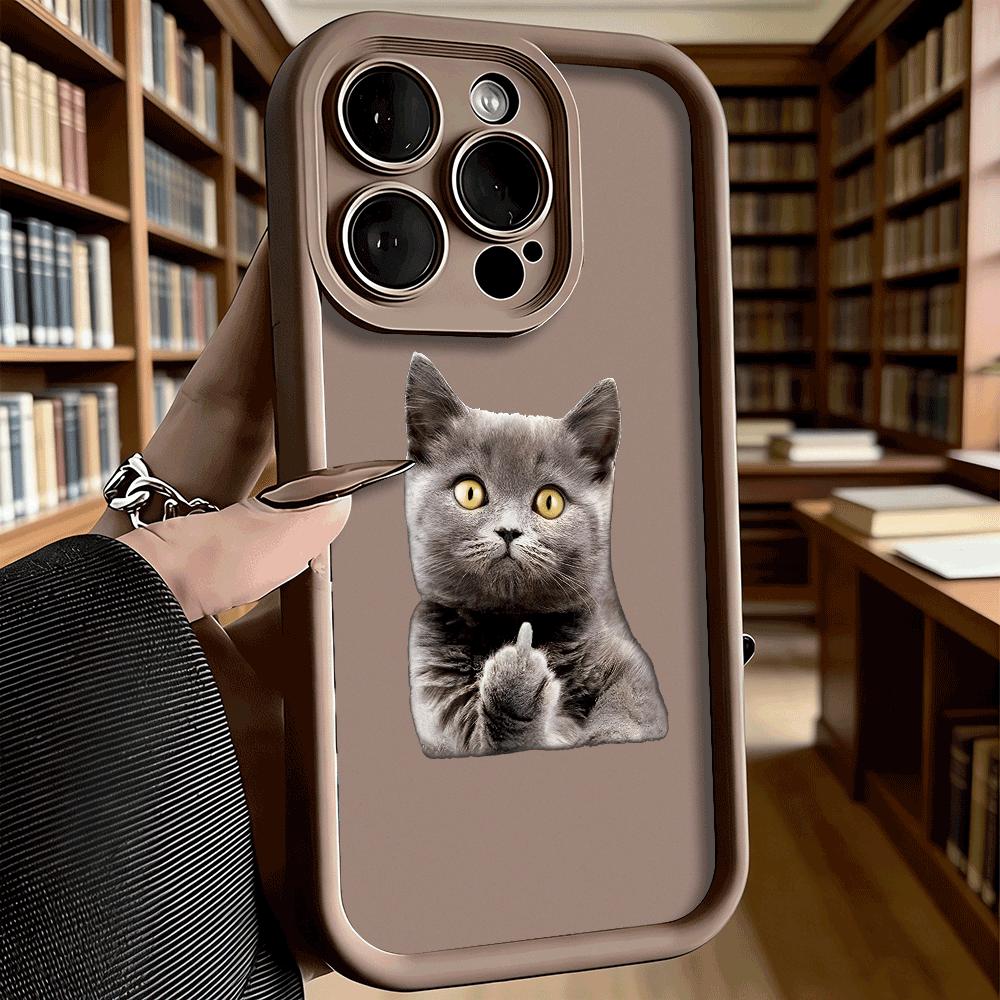 Gray Cat Giving Middle Finger Soft TPU Phone Case for iPhone 17 16 15 14 13 12 11 Pro Max Plus Shockproof Anti-Slip Cover