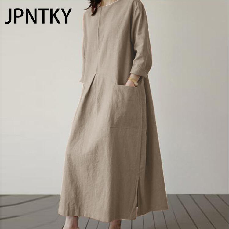 

JPNTKY Женское повседневное хлопковое длинное платье с круглым вырезом и рукавами 3/4 Повседневные платья XXXXXL слоновая кость