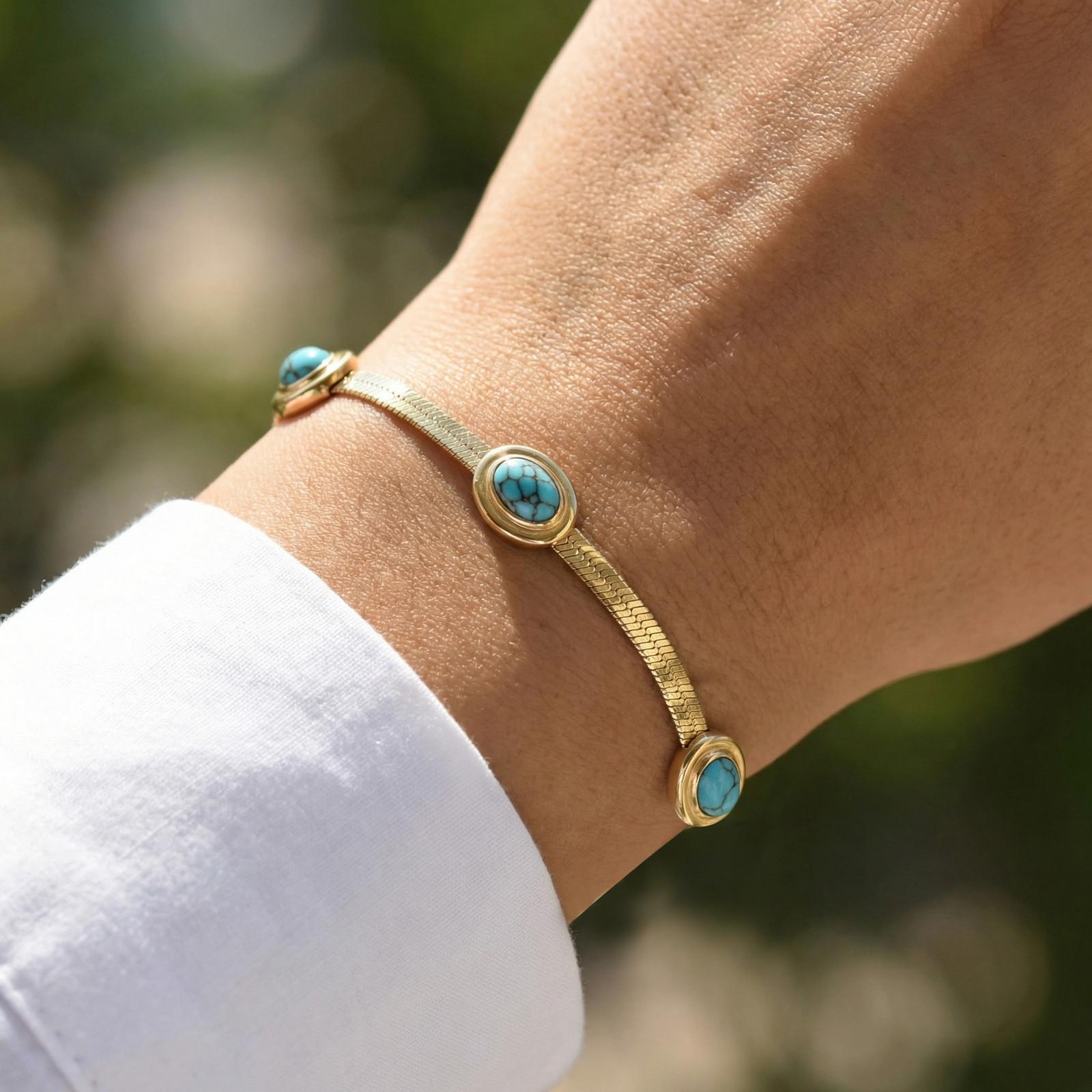 

Herringbone Bracelet for Women, Stainless Steel Triple Stone Natural Turquoise Tarnish Free Adjustable Minimalist Jewelry