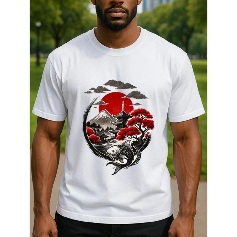 

European sizes Xiangrui Fuji Mountain Koi Men s Printed Short-sleeved Shirt, Spring, Summer, Autumn and Winter Top 4XL білий