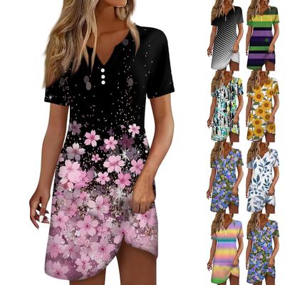 Damenmode Casual Printed Revers Button Kurzarm Kleidung Straps Kleid