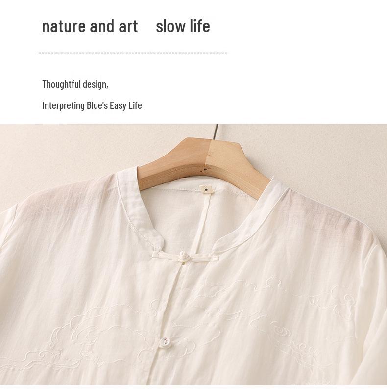 3229 Women's Cotton Linen Embroidered Oversized Sun Protection Shirt - Lightweight & Breathable, Retro Seven-Sleeve Summer Style