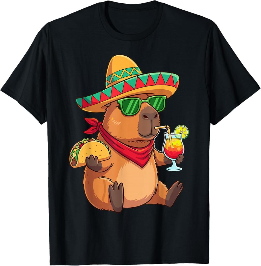 Capybara Sombrero Taco Drink Summer Fiesta Graphic Tee Shirt Casual Breathable Men