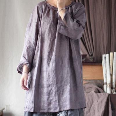 Women Vintage Embroidery Floral Tops O-Neck Long Sleeve Spring Solid Color Loose Women Shirts