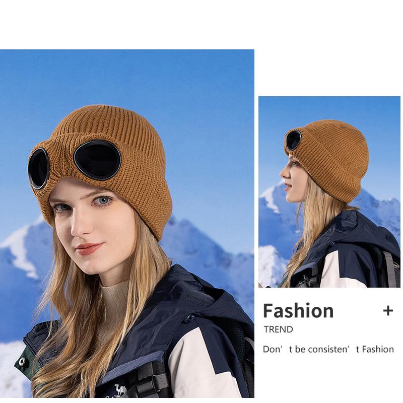 Hat Women Winter Windproof Glasses Pullover Knitted Hat Men Ski Fleece Warm Wool Hat Skullies Beanies Sleeve Cap