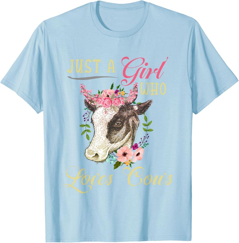Just a Girl Who Loves Cows Graphic Tee Cute Floral Cow Head Women Casual T-Shirt