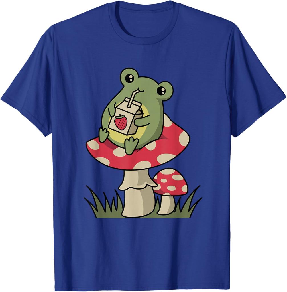 Cottagecore Frog Drinking Strawberry Milk Mushroom Graphic Tee Soft Casual Cotton T-Shirt for Unisex