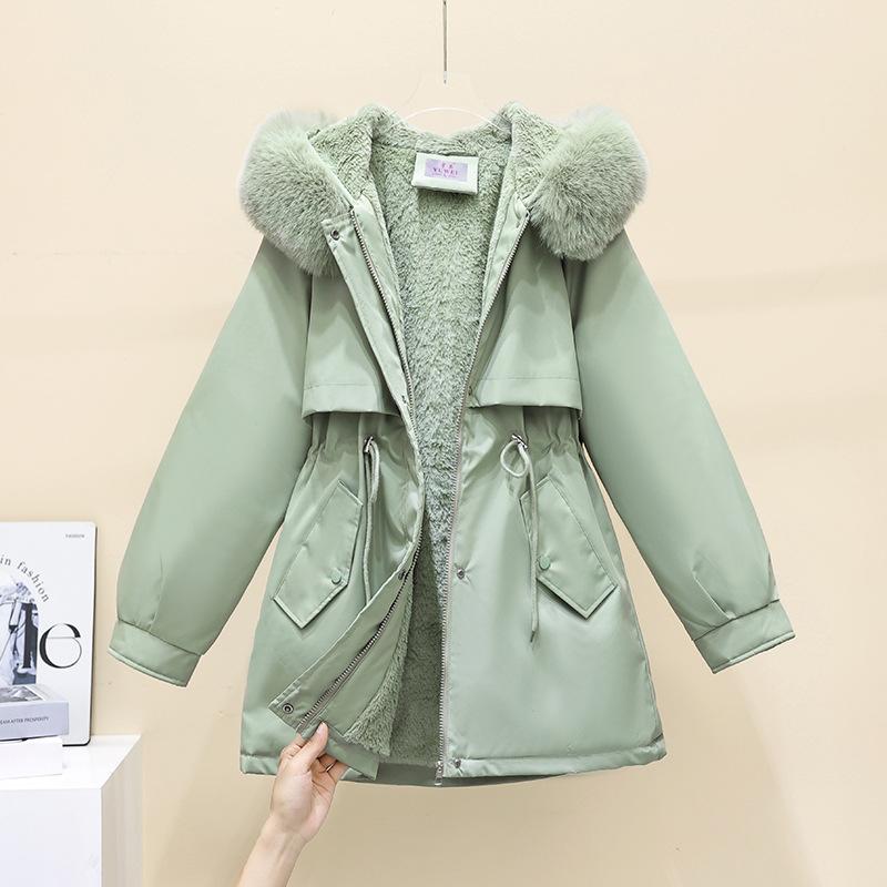 Pie overcome women's winter new waist and thin hooded big fur collar plush cotton clothes medium and long jacket cotton clothes