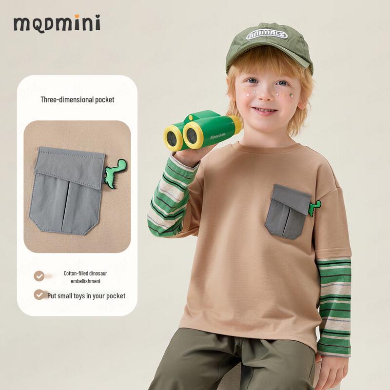 MQDMINI Boys  3D Dinosaur Pocket Faux Two-Piece Long-Sleeve T-Shirt 100cm