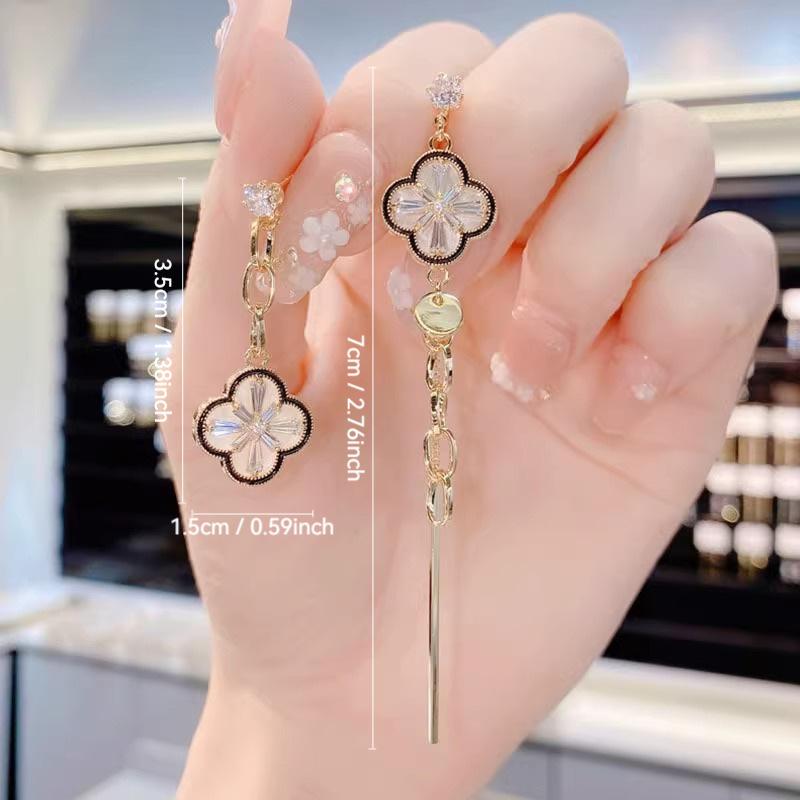 Women s Fashion Asymmetrical Design Tassel Clover Earrings