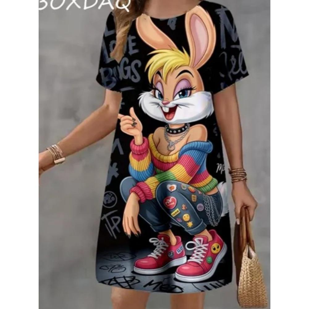 Robe d'été courte à manches courtes imprimée, motif animal créatif et amusant de dessin animé, grande taille, décontractée, confortable, douce pour femme