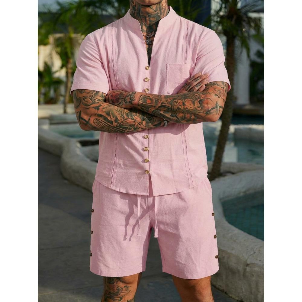 New Men’s Plain-coloured Vintage-style Casual Linen Short-sleeved Shirt and Shorts Set