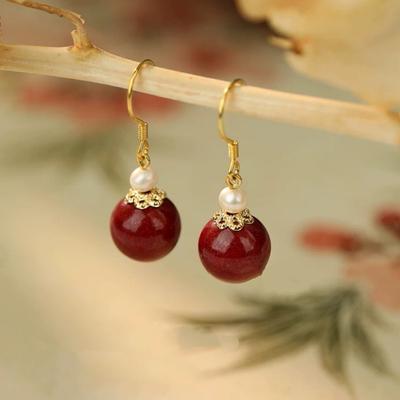 Natural Pearl, Cinnabar Women's 925 Tremella Hook New Chinese Earrings Red Festive Chinese Earrings Niche Gift