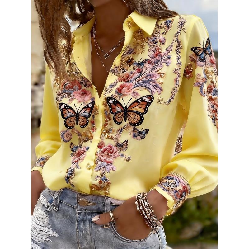 Women's Long Sleeved Shirt with 3D Flower Print and Tree Branch Pattern On the Lapel, Comfortable Men's Top