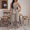 Women Sleeveless Sequin Print Top Wide Leg Pants Casual Two Piece Set