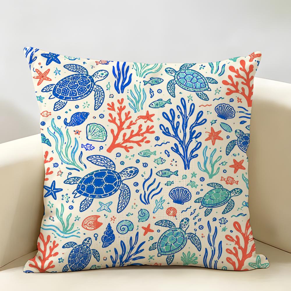 Sea Turtles Coastal Pattern Cushion Cover Durable Hypoallergenic Organic Linen Short Pillow Cover Washable