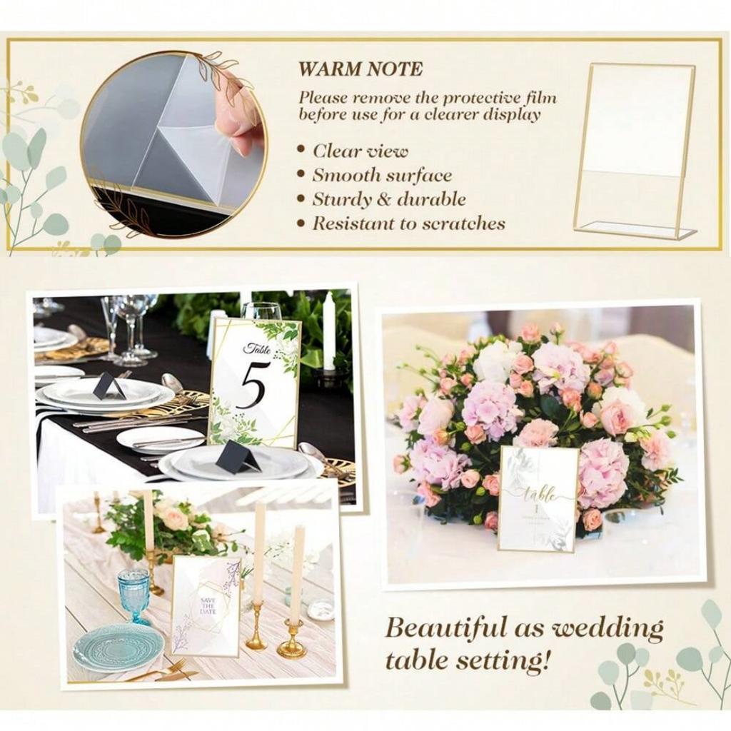6/12pcs Acrylic Gold Sign Holder Picture Frames Table Number Holders For Wedding Office Store Restaurant Art Photos Display