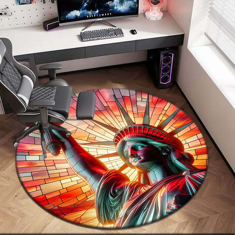 1pc Patriotic Theme Statue of Liberty Round Carpet Painted Printed Circular Carpet, Home Door Mat, Outdoor Travel Protection Carpet