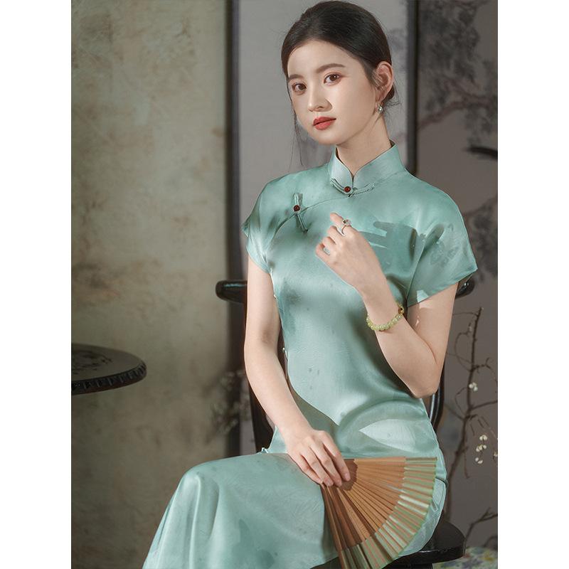 "Streamer Green" long green ancient full-open cheongsam 1011 summer new retro Republic of China style
