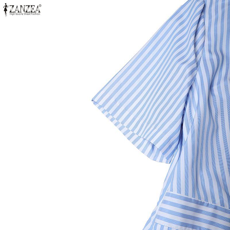 ZANZEA Women Casual V-Neck Short Sleeve Bows Splice Stripe Print A-line Dress