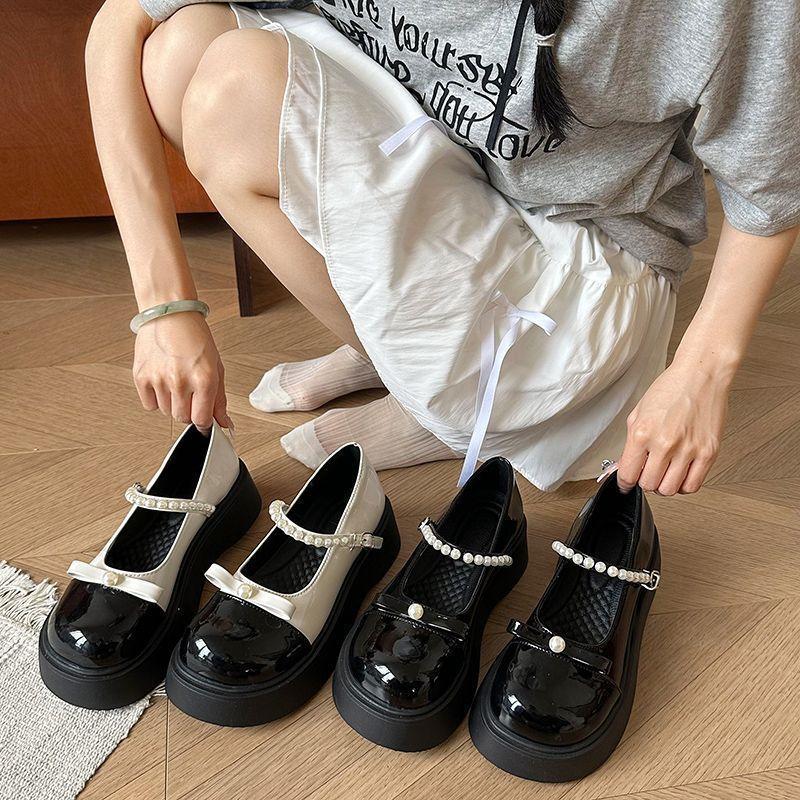 Sweet Bow Muffin Bottom Round Head One-word Buckle Single Shoes French Mary Jane Small Leather Shoes Women's 2025 Spring and Summer New Models