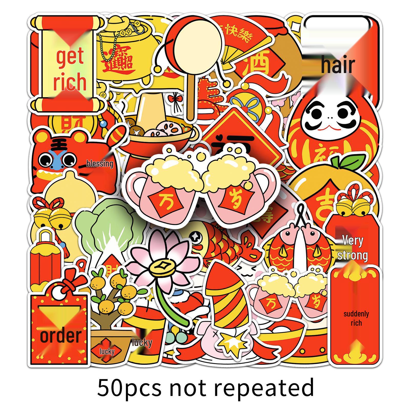 50 Pcs Chinese New Year Cartoon Graffiti Stickers - Hand-Painted Cute Designs for Phone Cases.