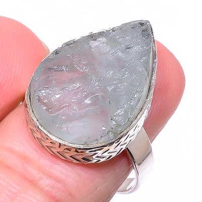 Anel de joia de prata esterlina 925 com pedra preciosa bruta natural de água-marinha tamanho 8,5 U9Q82