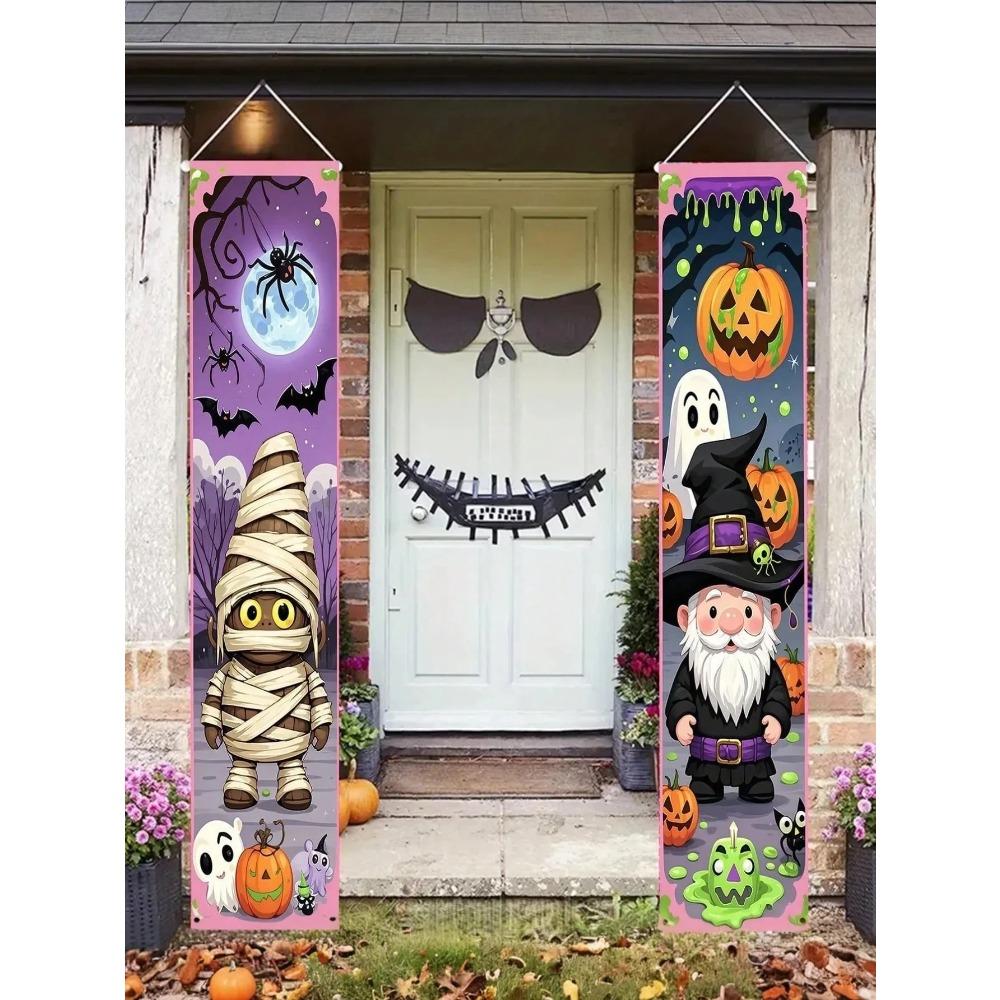 2pcs/Set Spooky Holiday Themed Porch Banner Cartoon Mummies Pumpkin Lanterns Ghosts Bats Spiders Plus Wizard Celebration Decorations