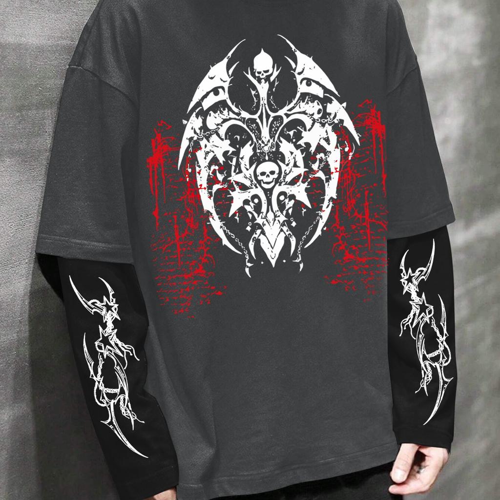 Men'S High Street Hip-Hop Dark Style Double Sleeve Print T-Shirt, a Fashionable New Arrival for Spring
