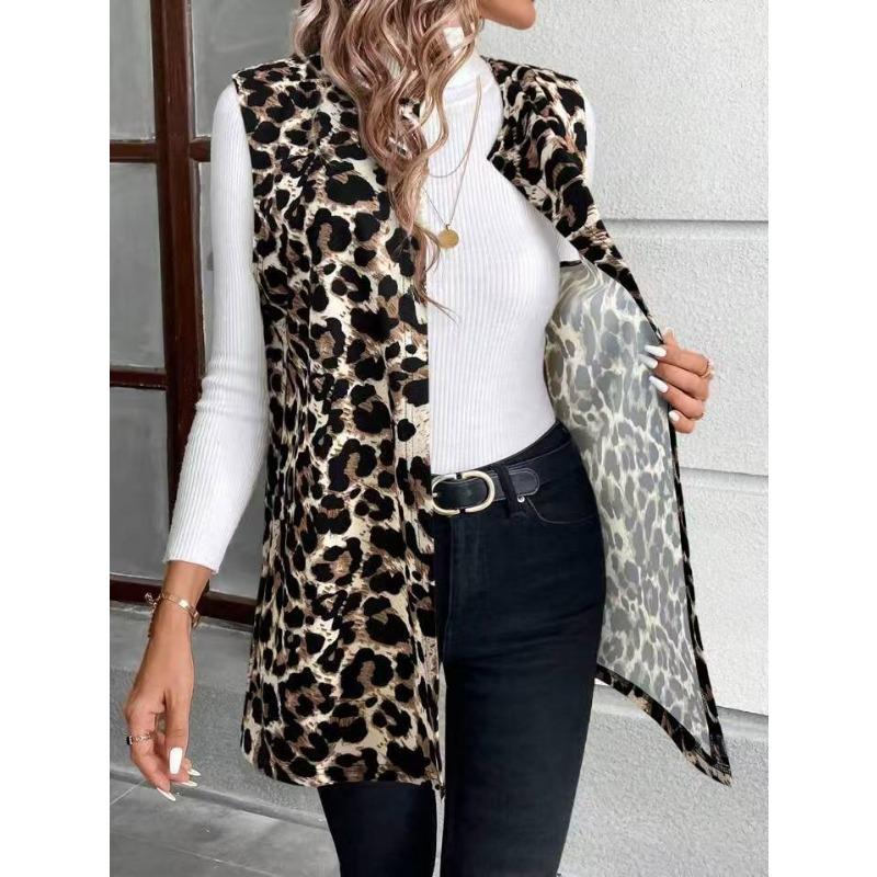 Damen S Leo-Print V-Ausschnitt Pullover Mittellanger Mantel