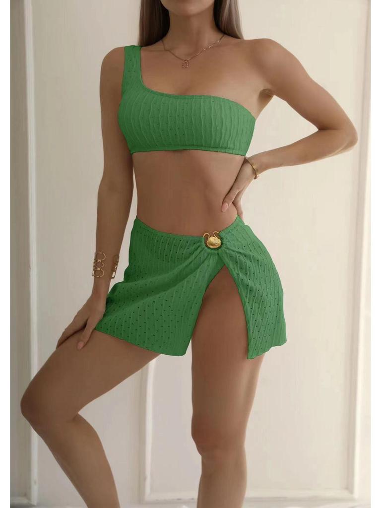 2024 Trendy European & American High Waist Slit Bikini Skirt 3-Piece Swimsuit