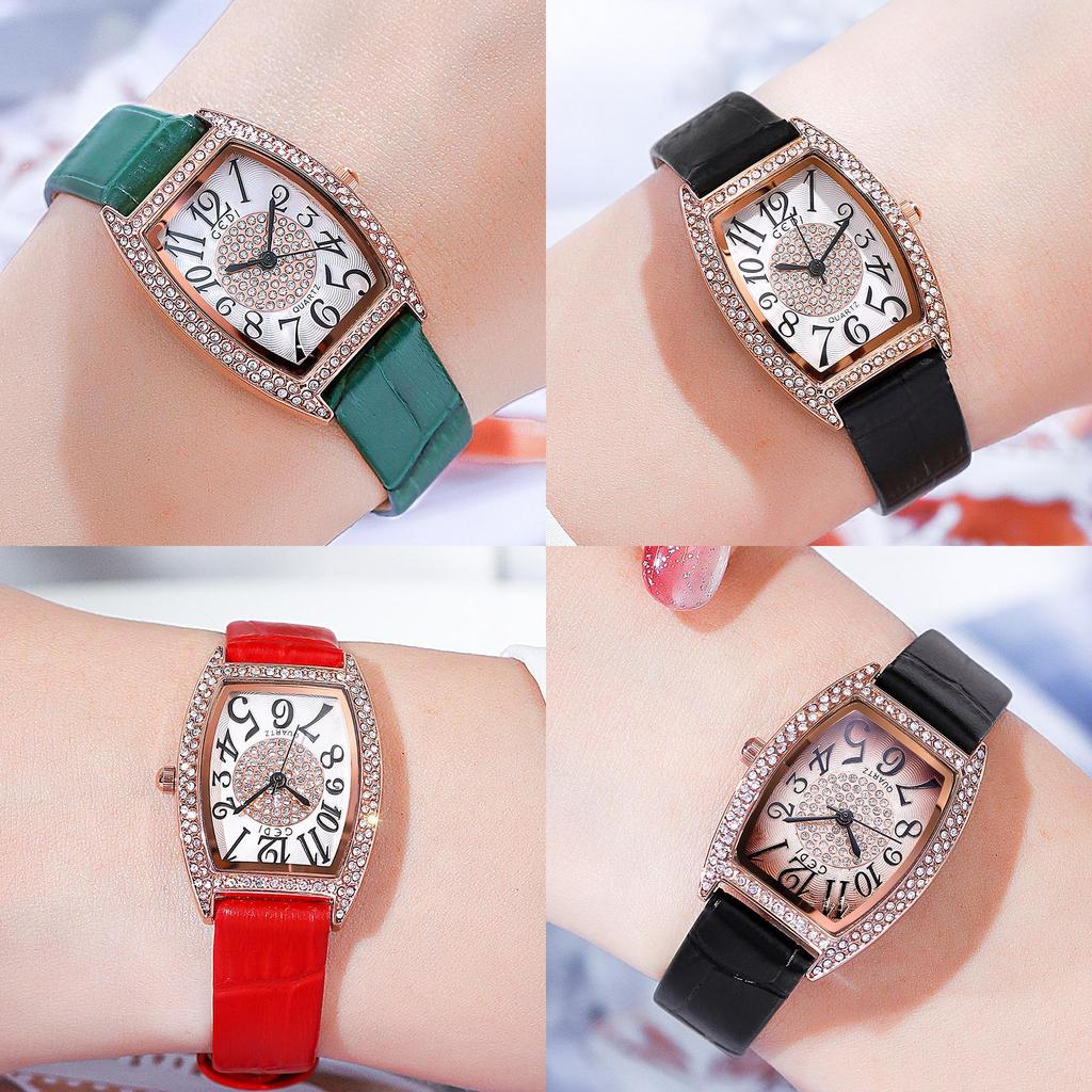 Vintage Wine Barrel Shape Ladies Watch With Crystals And Leather Strap For Casual Wear