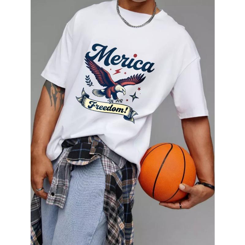 Merica Freedom Eagle Graphic T-Shirt White Patriotic American Eagle Design with Stars and Lightning for Casual Wear Independence Day Celebration