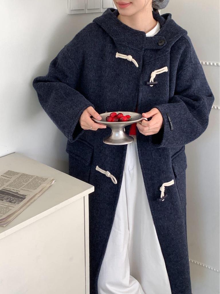 Korean Style Hooded Wool Coat: Women's Mid-Length Double-Faced Cashmere Overcoat with Toggle Buttons for a Slimming Autumn Look