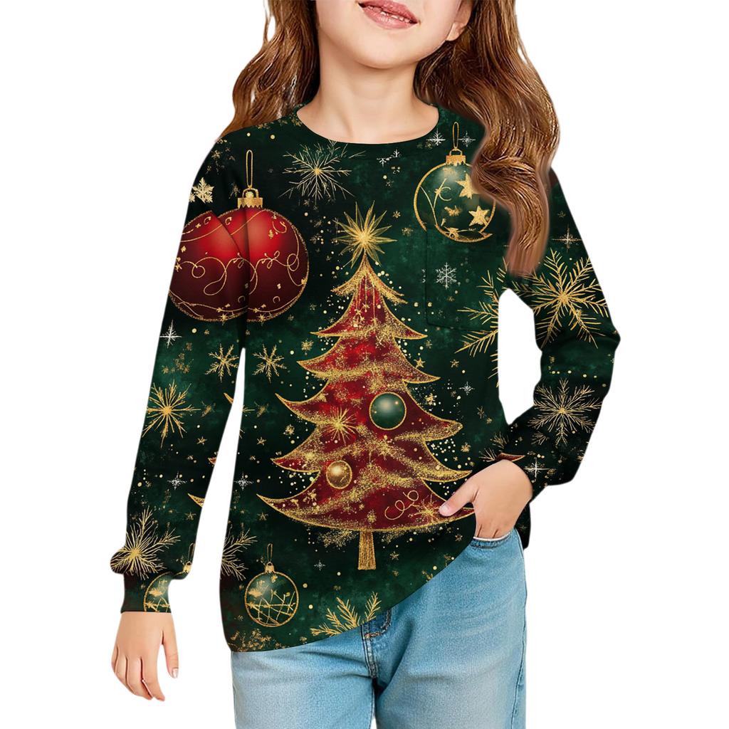 Christmas Day Girls' Long Sleeve Blouse - Round Neck Soft Waist Tunic