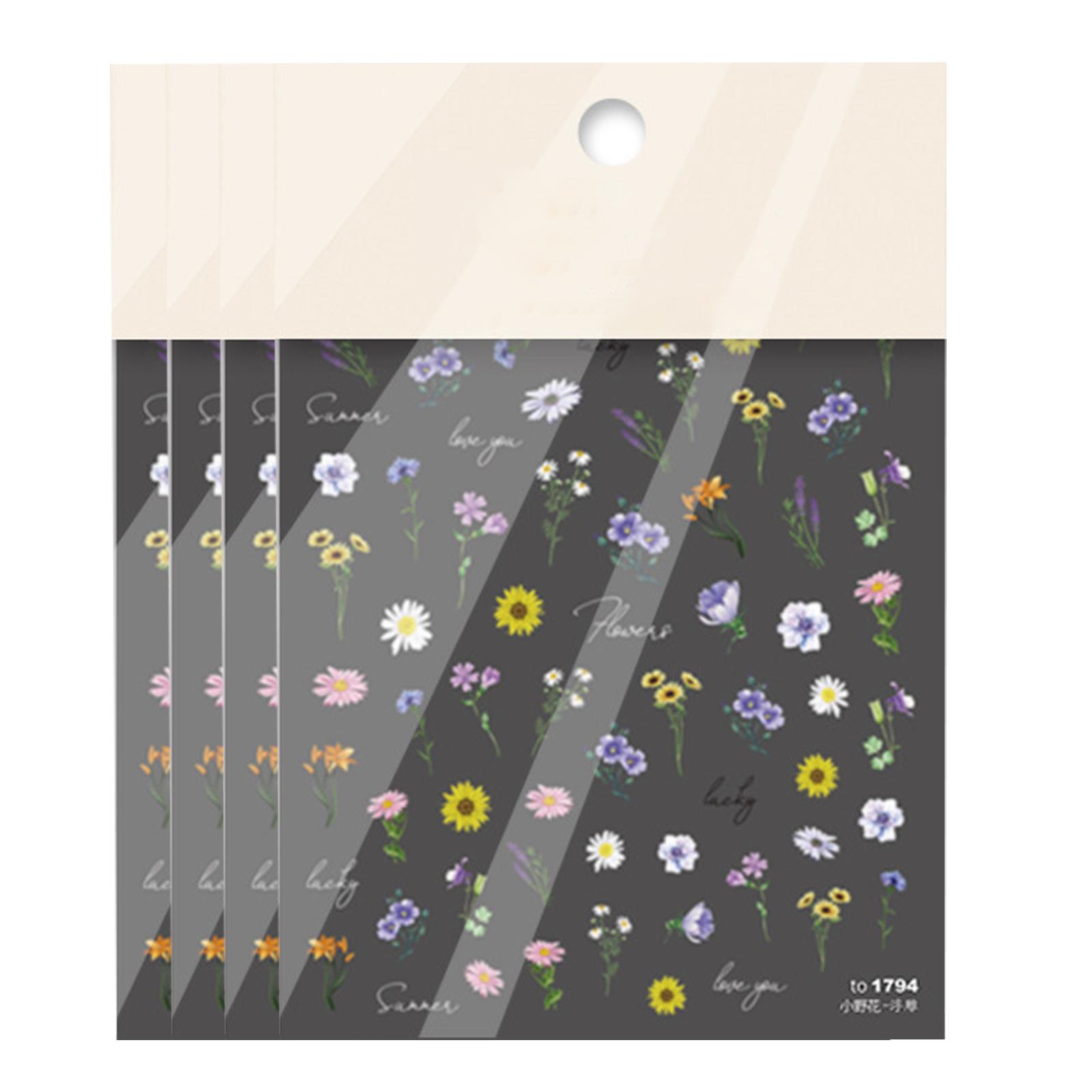 

4 листа наклеек с цветочным дизайном для ногтей, цветочные наклейки для ногтей, весенние и летние цветочные наклейки для ногтей, украшения для ногтей своими руками 3