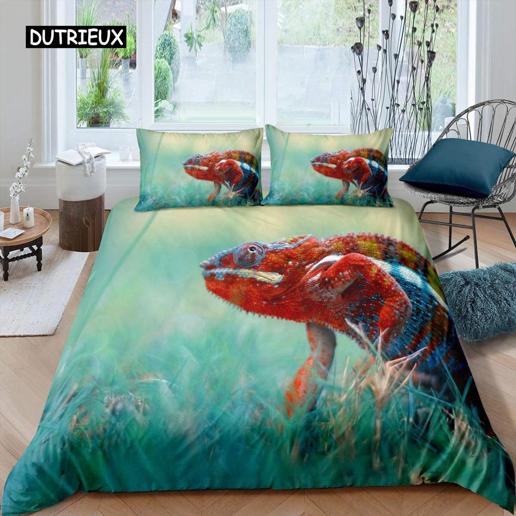 Chameleon Duvet Cover Set 3D Wild Animal Theme Twin Bedding Set Wildlife Comforter Cover Boys Green Leaf Polyester Quilt Cover