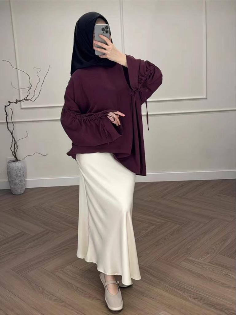 Europäischer & Amerikanischer Stil Muslimisches Farbblock Langarm Oberteil & Midi Rock Set