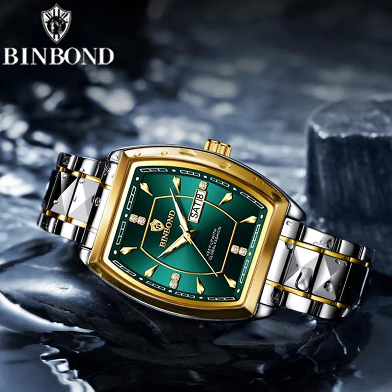 BINBOND Men's Watch Authentic Light Luxury Wine Barrel Steel Belt Waterproof Night Light Calendar Men's Student Quartz Watch
