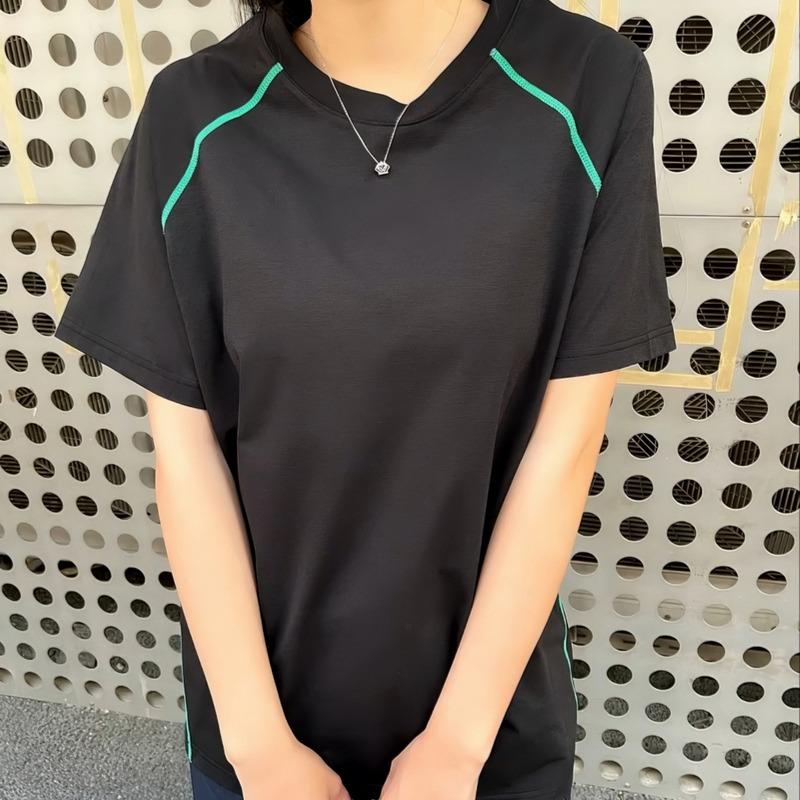 

women round neck short sleeve t shirt contrast stitching loose fit casual top M чорний