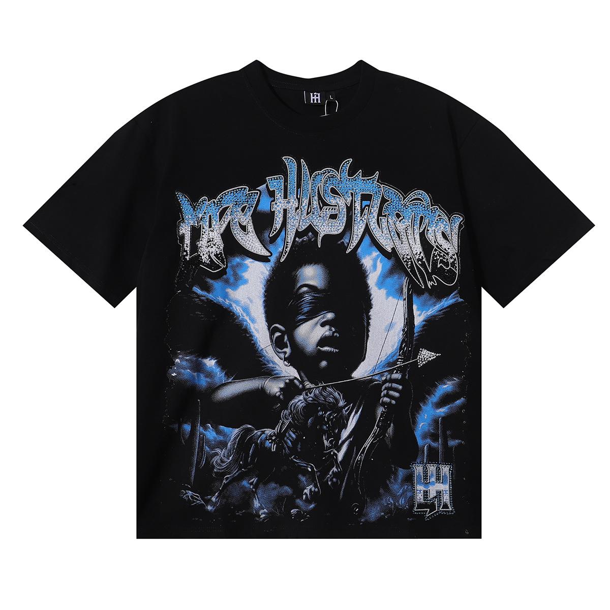 

Summer Unisex Rhinestone Blind Afro Angel Cupid Graphic Cotton T-Shirt Chicano Streetwear Short Sleeve Tee Men Women XL