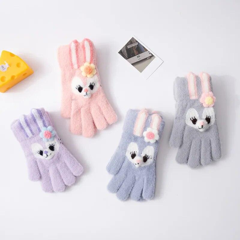5-12 Years Winter Children Girl Knitted Warm Soft Cartoon Rabbit Full Finger Outdoor Lovely Girl Gloves