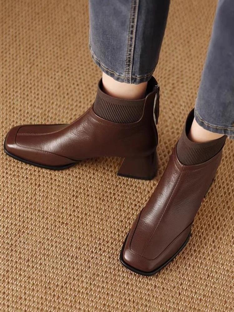 Fashion Ankle Boots for Women Heeled Leather Splicing Knit Office Booties Comfortable and Elegant Goth Y2k Autumn Chic Woman Short Shoes