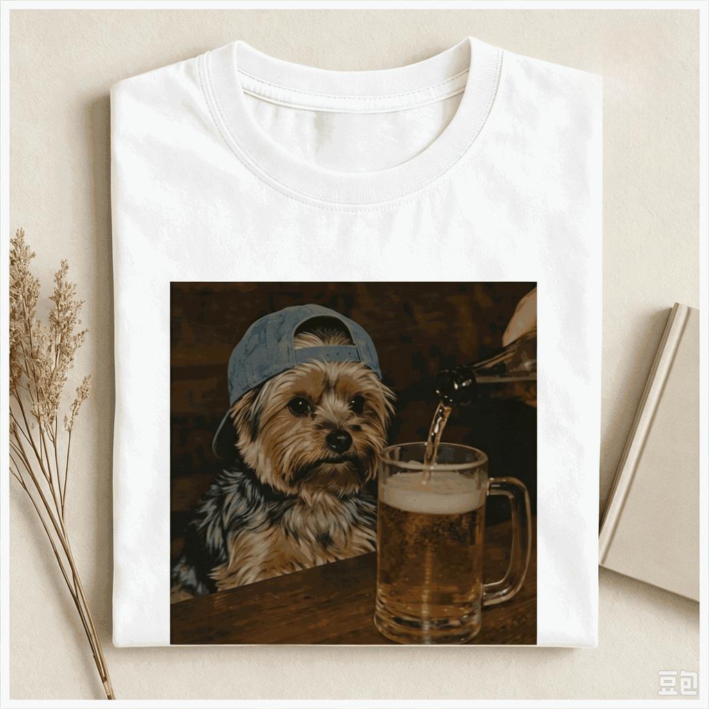 Yorkshire Terrier Dog with Cap Beer Mug Graphic T Shirt Unisex Round Neck Short Sleeve Tee Funny Pet Print Casual Streetwear Top for Men Women