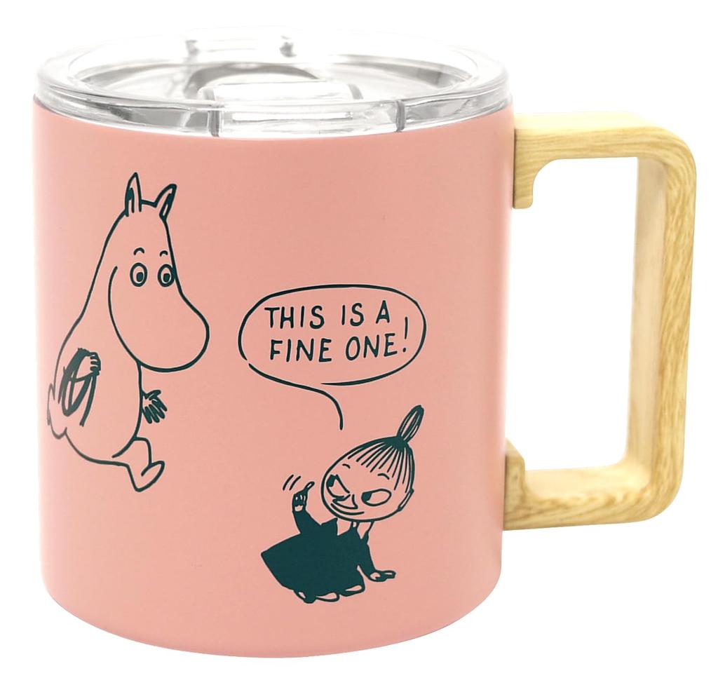 MOOMIN Stainless Steel Mug 350ml with Lid Wooden Handle Vacuum Dual Structure Boxed Gift Present (Pink)