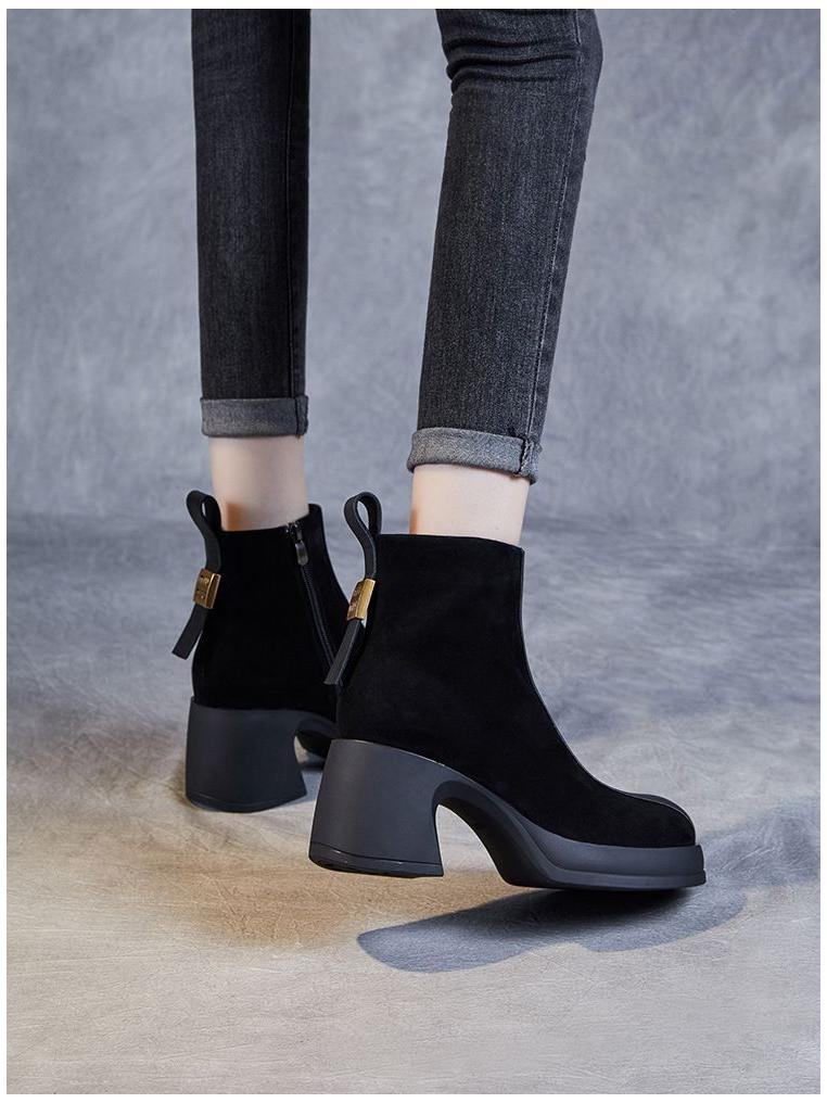 Korean Style Slimming Square Toe Suede Ankle Boots - Women's Thick Sole Platform Sock Boots for Autumn/Winter